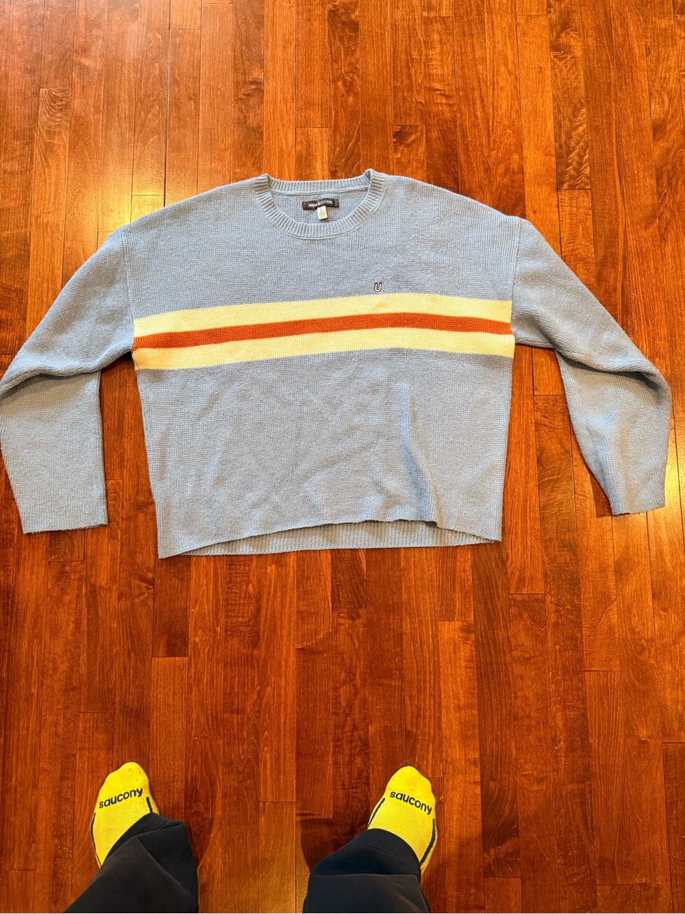 Urban Outfitters Light Blue Crewneck Sweater with Cream and Rust Stripes
